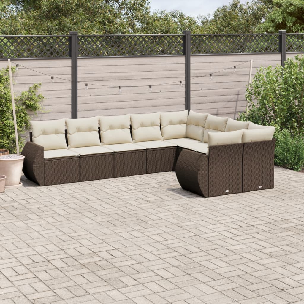 Set canapele de gradina cu perne, 9 piese, maro, poliratan — imaginea 2