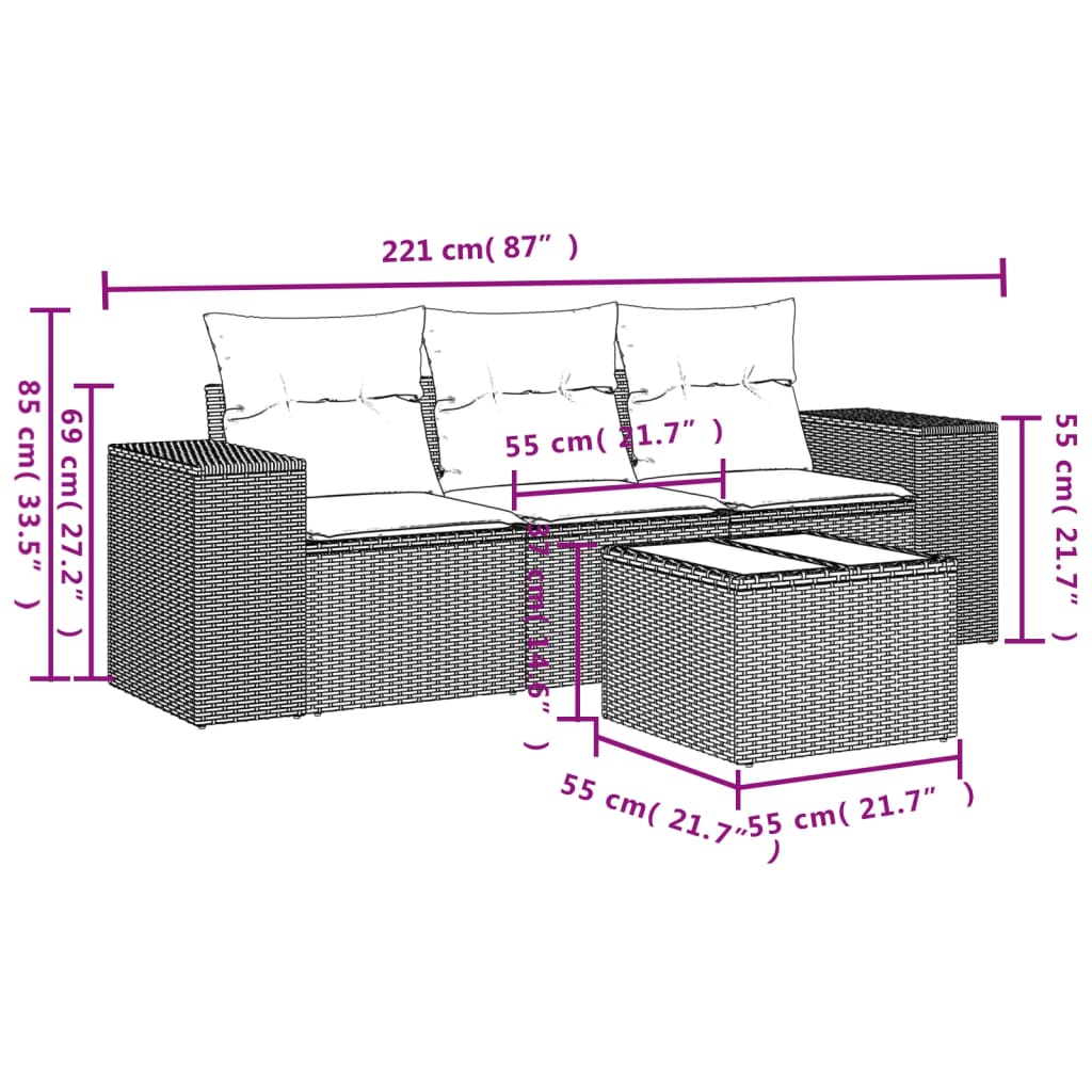 Set canapele de gradina, 4 piese, cu perne, maro poliratan maro — imaginea 3