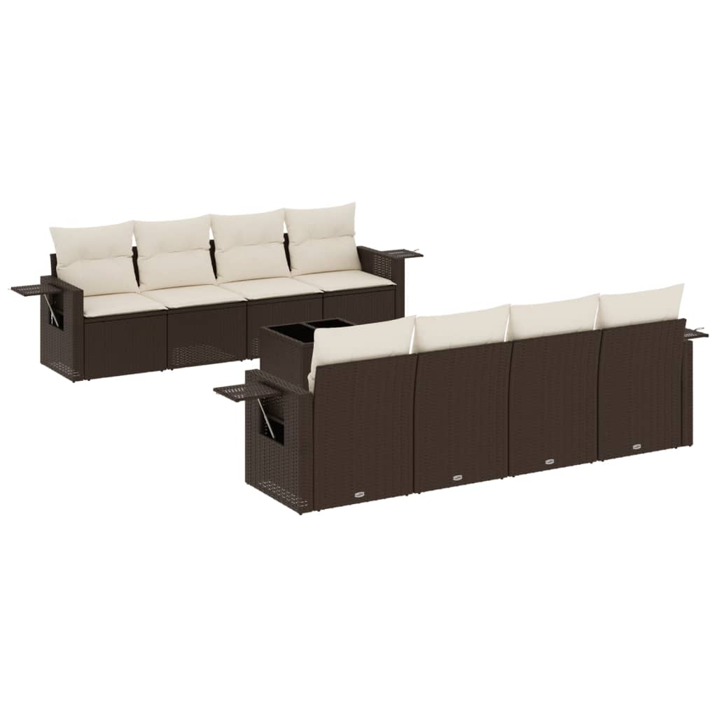 Set canapele de gradina cu perne, 9 piese, maro, poliratan