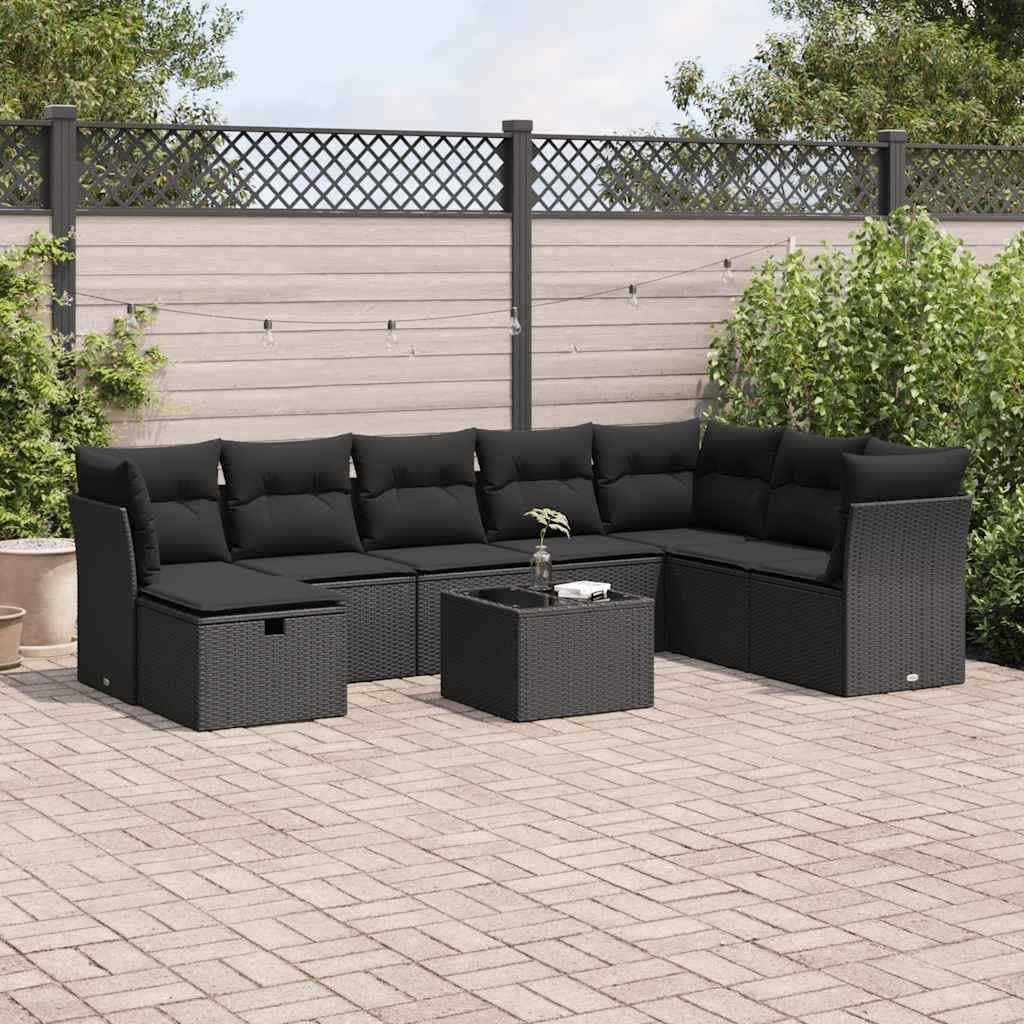 Set mobilier de gradina cu perne, 9 piese, negru, poliratan — imaginea 2