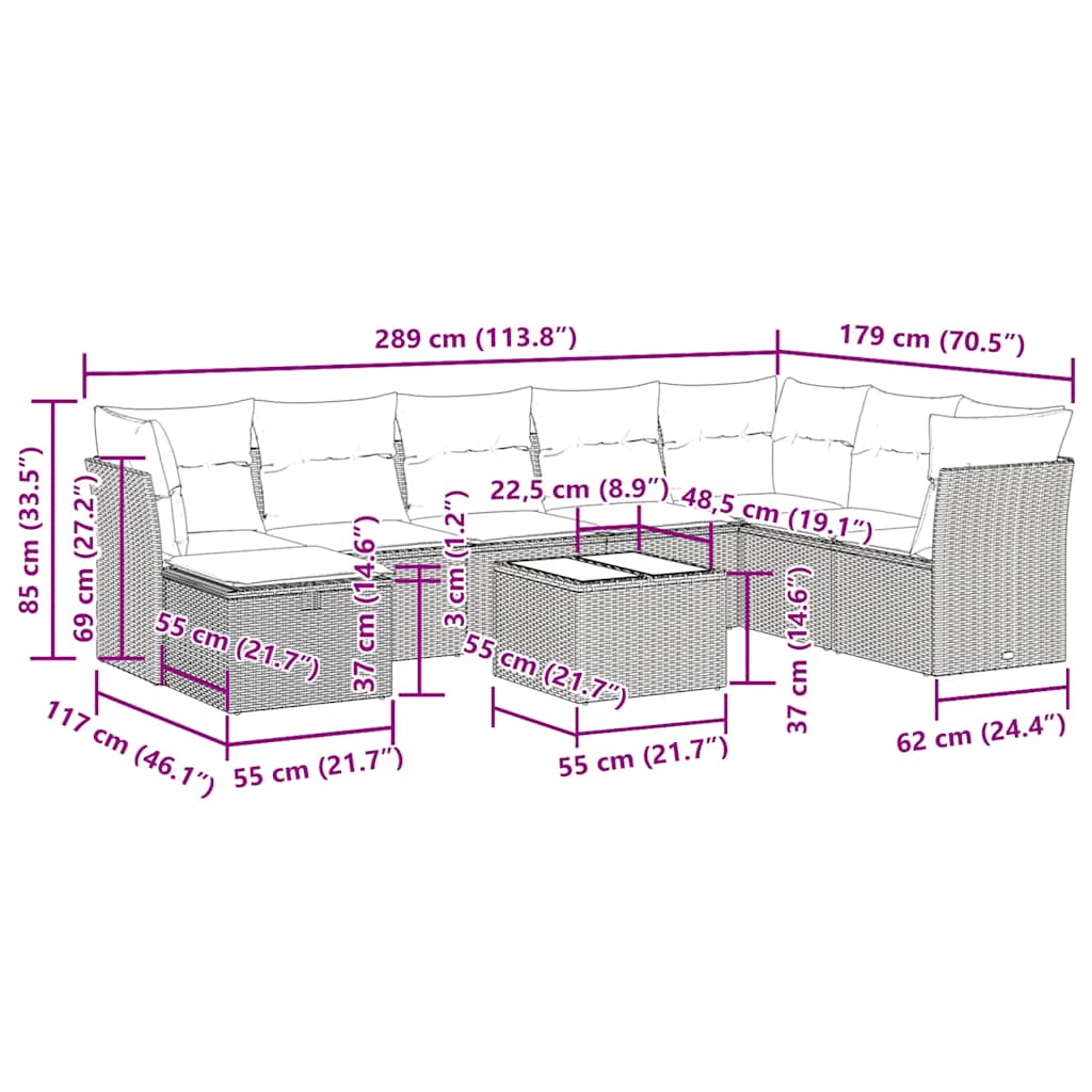 Set mobilier de gradina cu perne, 9 piese, negru, poliratan — imaginea 12