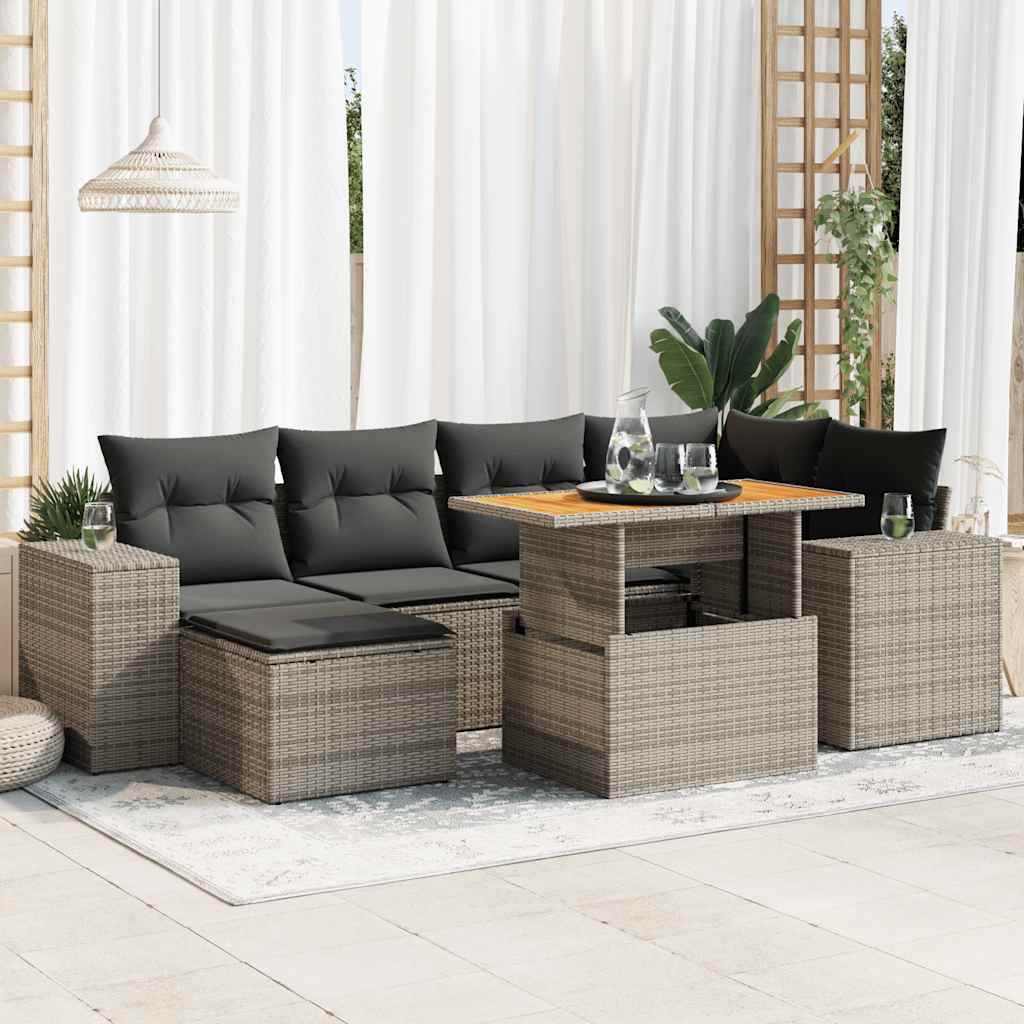 Set canapele de gradina, 7 piese, cu perne, gri, poliratan — imaginea 2