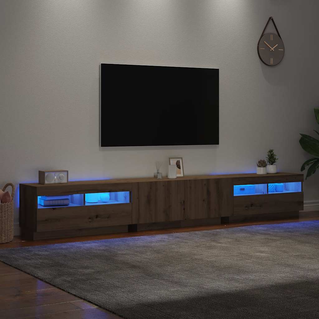 Dulap TV cu LED stejar artizanal 260x35x40 cm lemn prelucrat — imaginea 5
