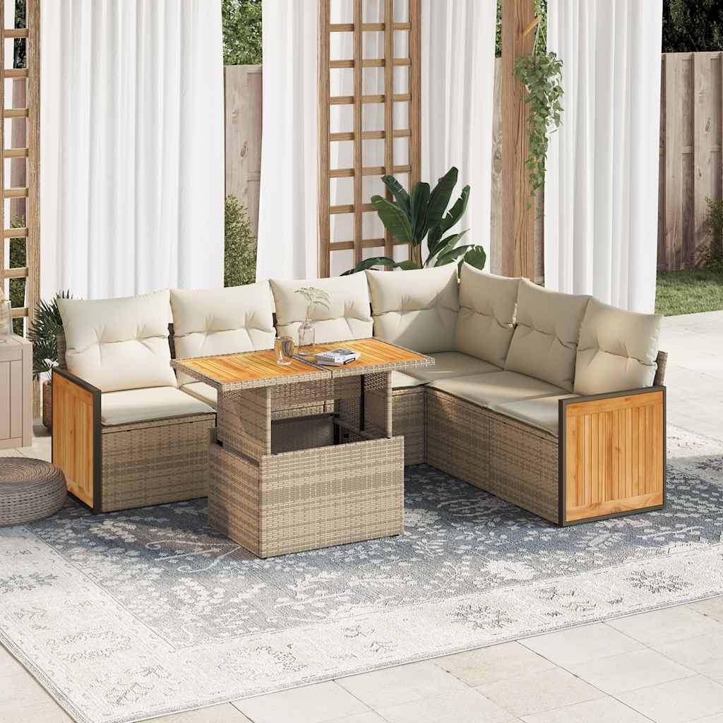 Set canapele gradina cu perne 7 piese bej poliratan/lemn acacia — imaginea 2