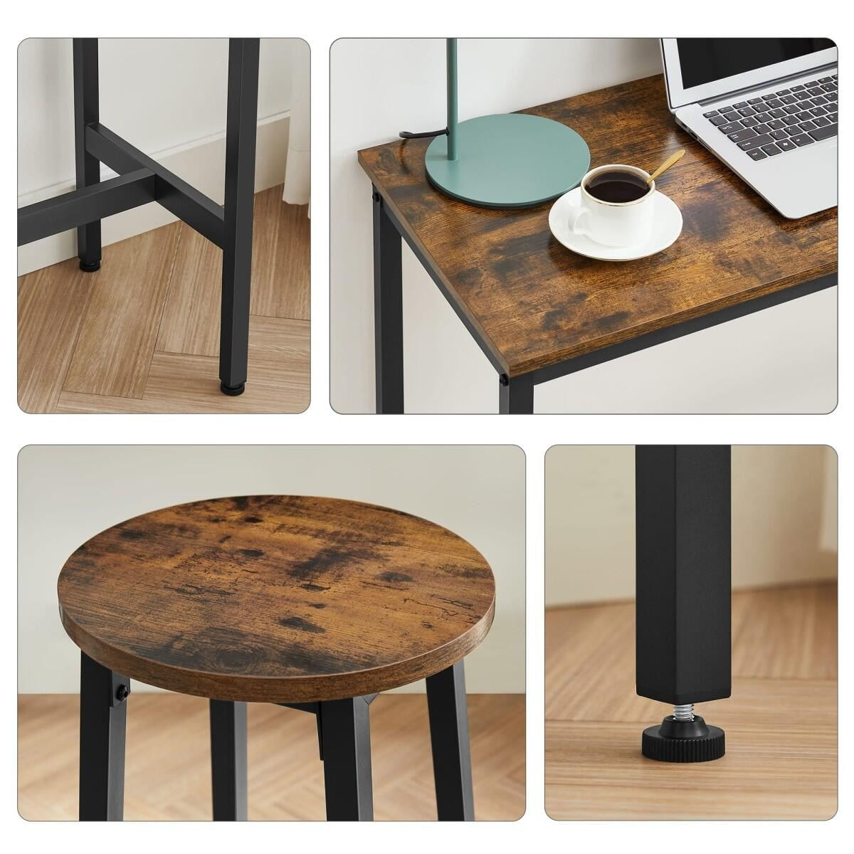 Masa pentru bucatarie/living/bar + 2 scaune, Artool, pal si otel, maro rustic, 100x40x90 cm — imaginea 3