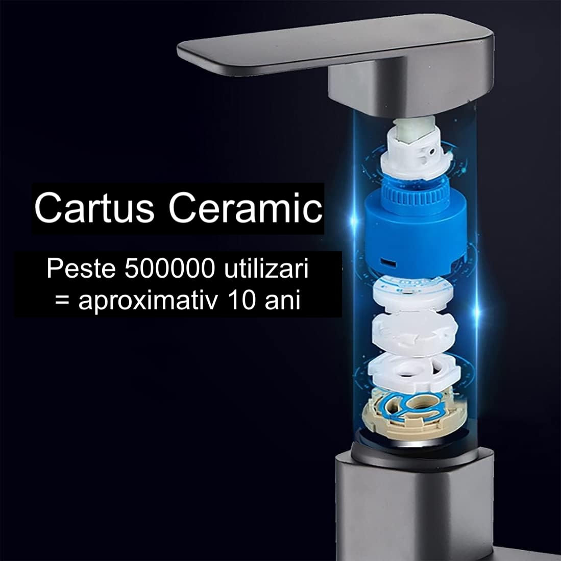 Baterie lavoar baie, tratament anticalcar, fara stropire, cartus ceramic, negru mat — imaginea 3