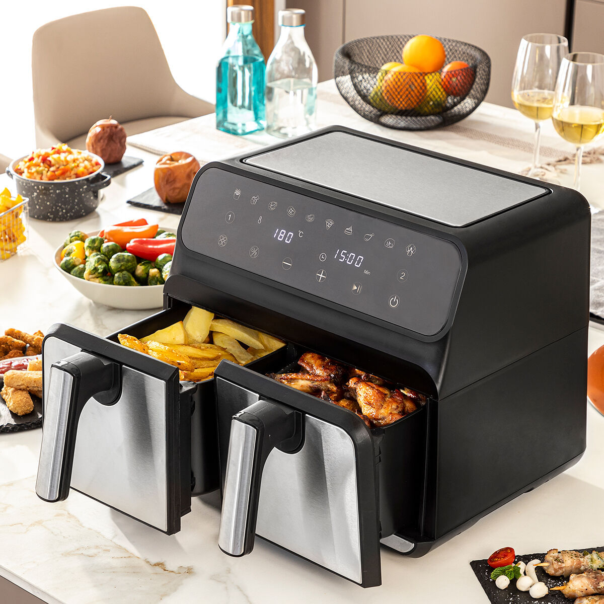Friteuza cu Aer InnovaGoods Fryinn Double 8000 Negru 3400 W 8 L Otel inoxidabil