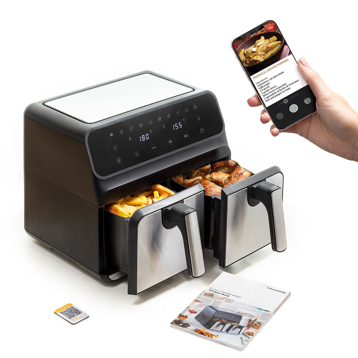 Friteuza cu Aer InnovaGoods Fryinn Double 8000 Negru 3400 W 8 L Otel inoxidabil - 4 | YEO