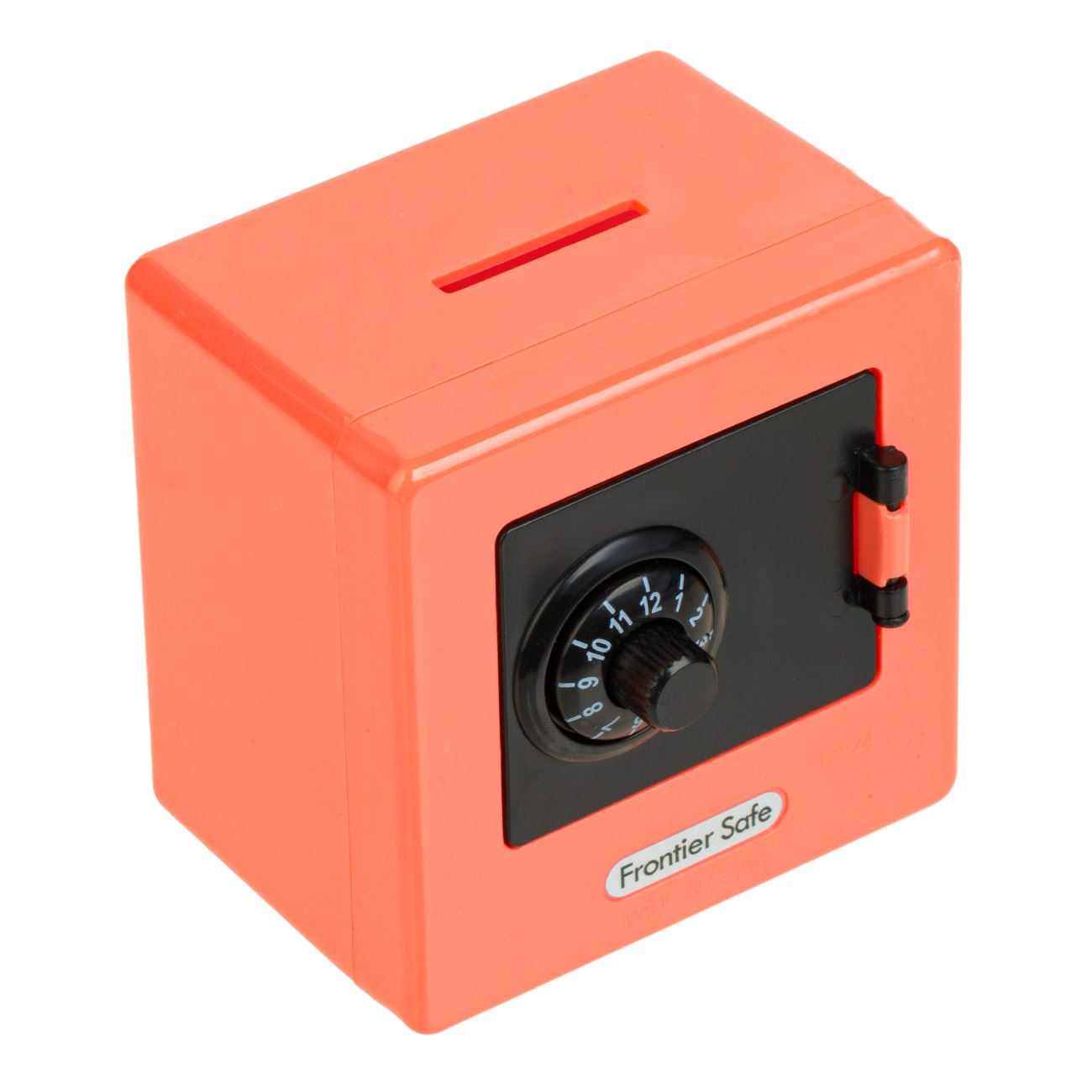 Pusculita plastic, frontier safe, forma seif, culoare somon, dimensiuni 9 x 6 x 9cm