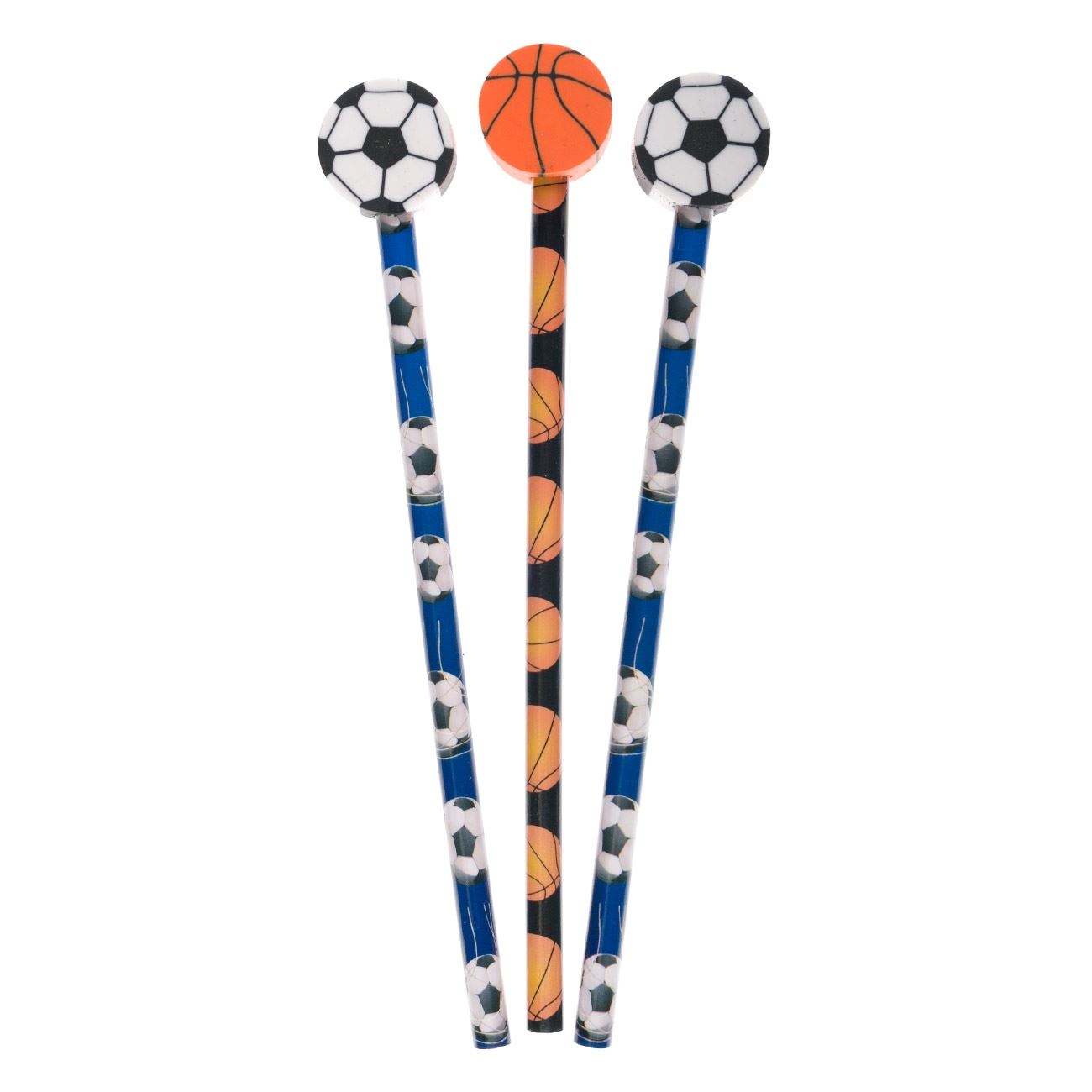 Set creioane cu radiera, 3 bucati, multicolor, model fotbal si baschet