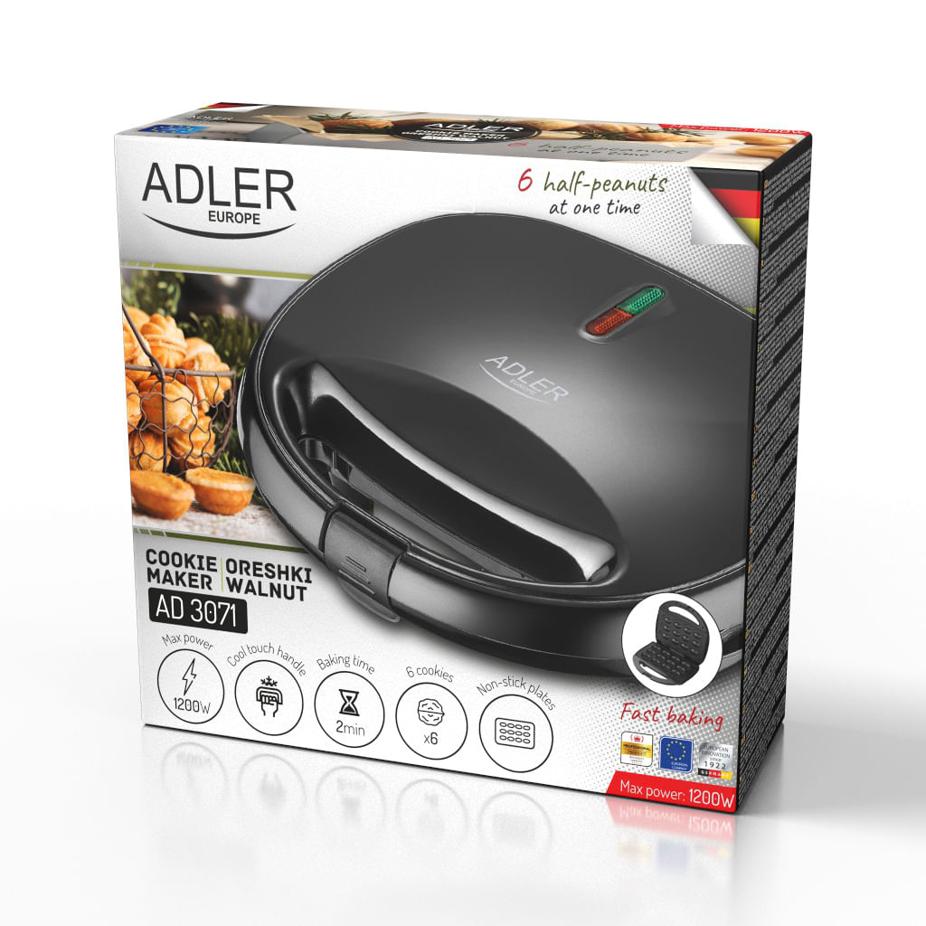 Aparat pentru copt forme coji de nuci, 12 forme, 1200W, Negru, indicator luminos, Placi Neaderente, Adler AD3071 - 1 | YEO