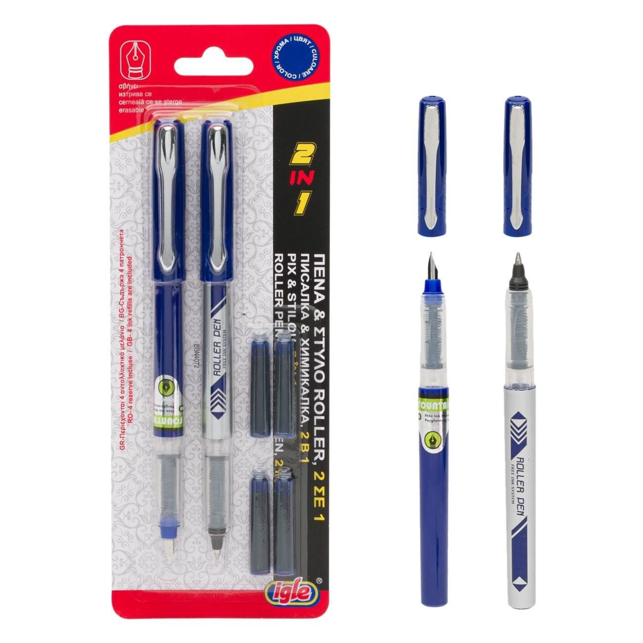 Set stilou si pix roller, transparent, 2 bucati, rezerve cerneala albastra, sistem avansat de curgere - imagine 2