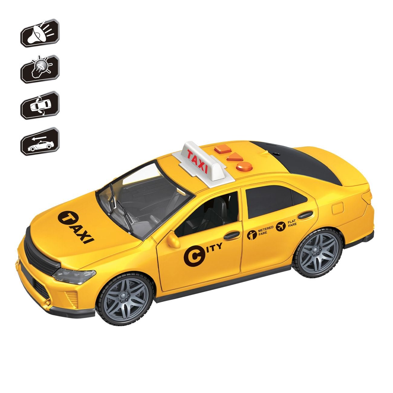 Masina jucarie, model taxi, culoare galbena, lumini si sunete, usi rabatabile, functionare pe baterii
