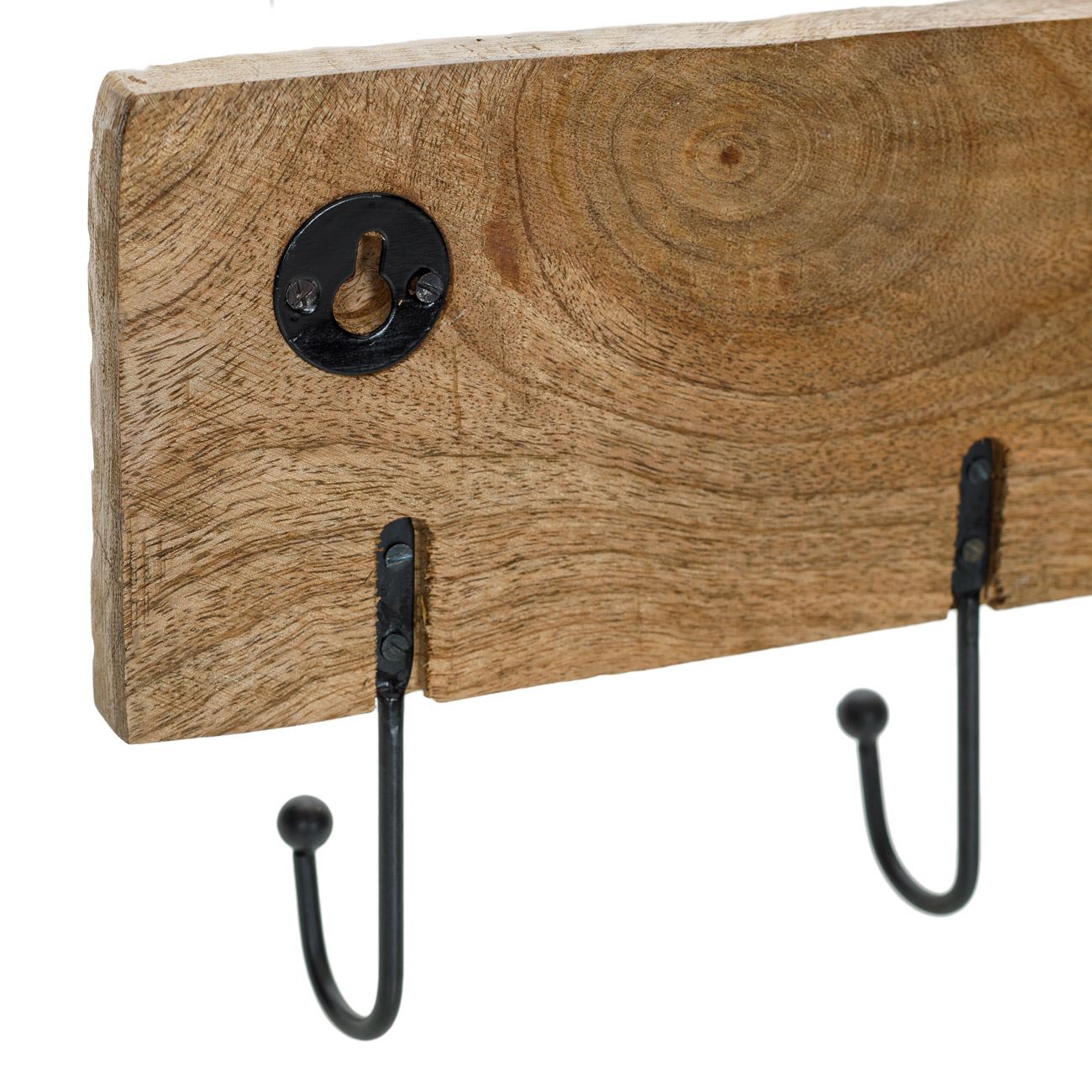 Cuier lemn sculptat manual, model cu carlige metalice, natural, 50x 10x 1.5cm — imaginea 3
