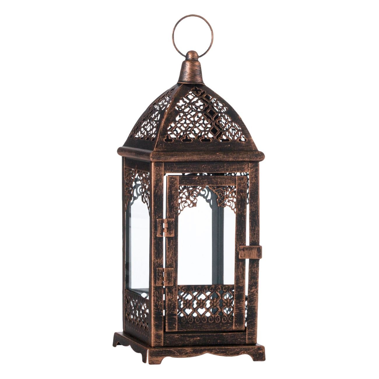 Felinar decorativ metalic, model dantela, culoare bronz brushed, dimensiuni 12 x 12 x 31cm