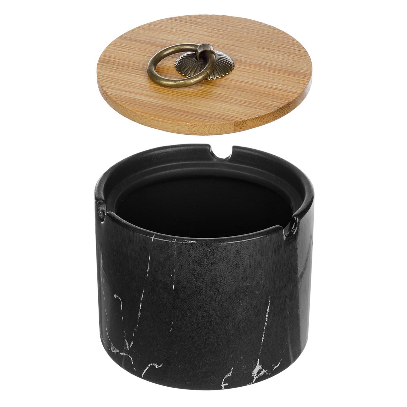Scrumiera ceramica, model marmura, capac bambus, negru, 10x 7cm