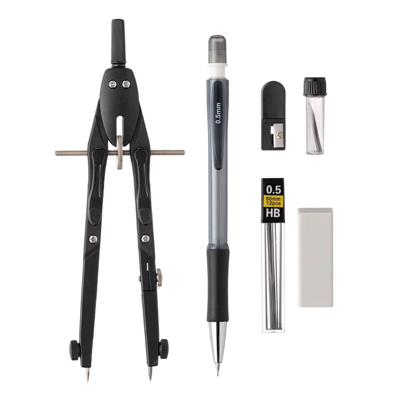 Set instrumente geometrie, 6 piese, compas metalic cu rotita, creion mecanic, negru