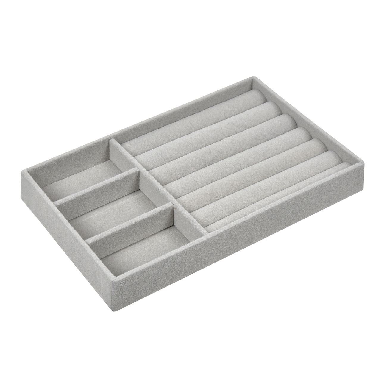 Organizator bijuterii, model suport compartimentat, gri, dimensiuni 21 x 12.5cm, textura piele de caprioara
