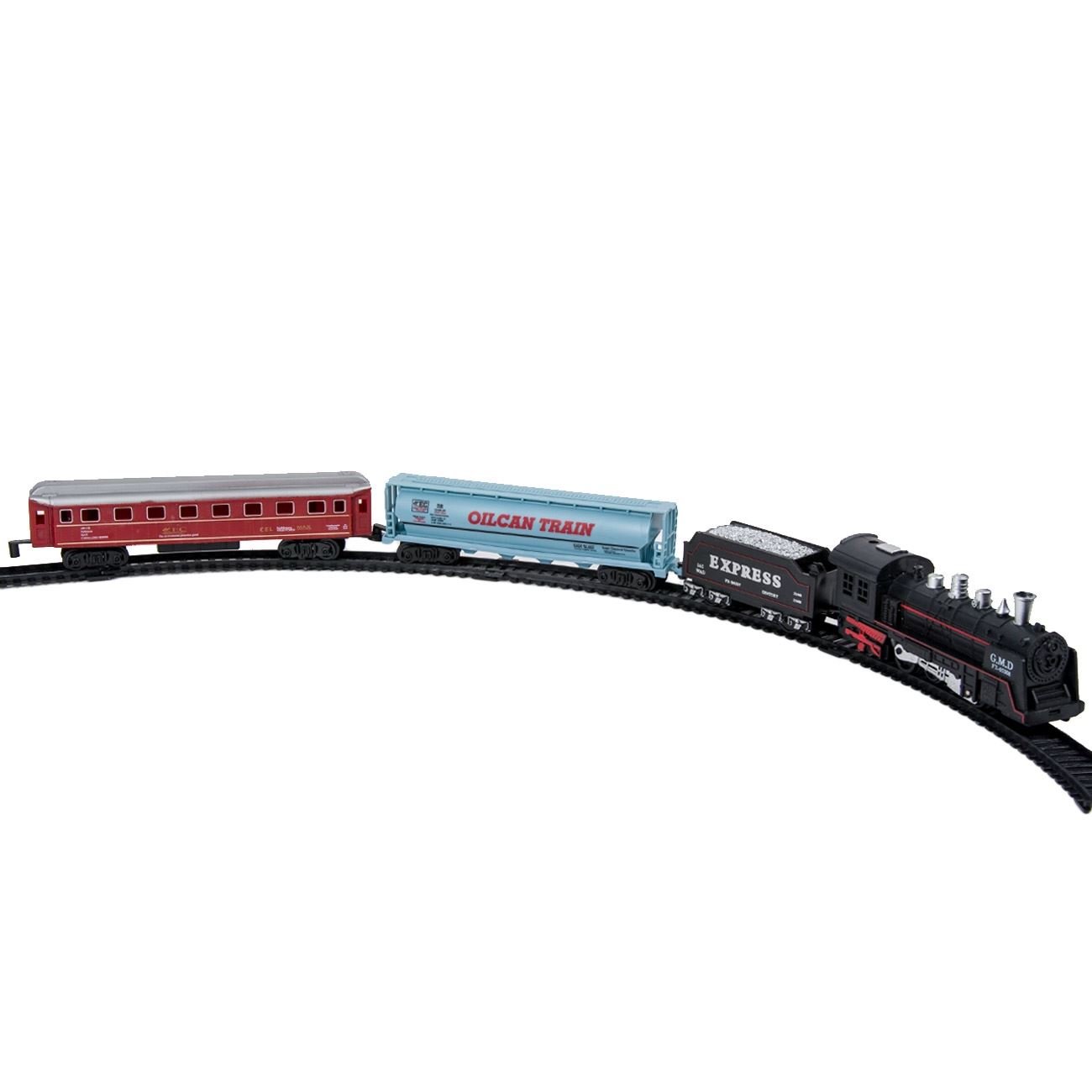 Tren jucarie multicolor, locomotiva, vagon combustibili, cisterna, vagon calatori, sunet si lumini