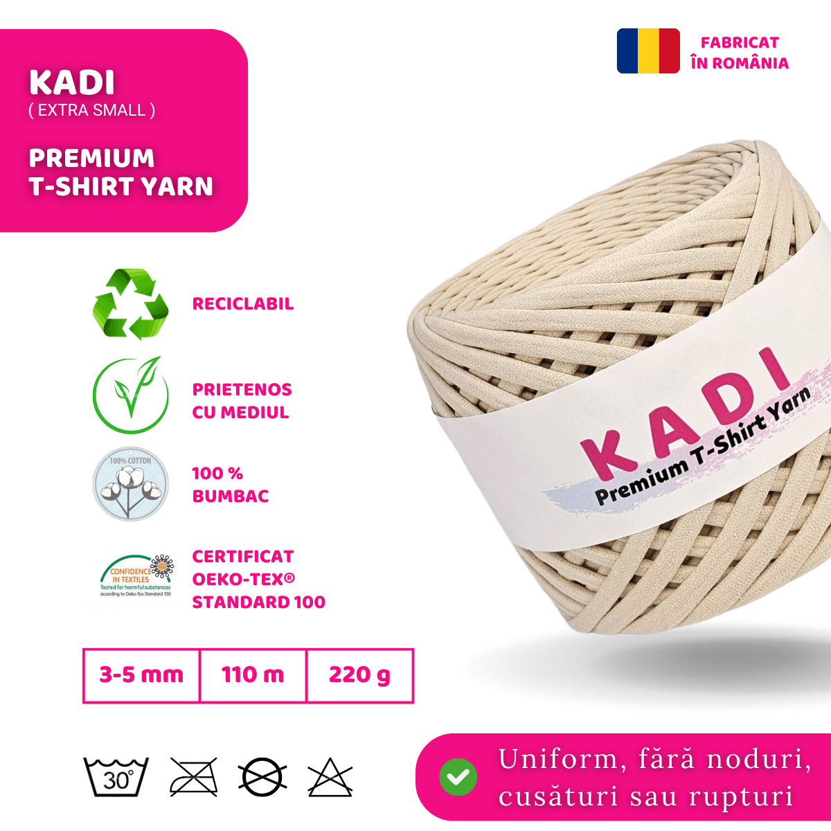 Fir panglica pentru crosetat tricotat si macrame, KaDi Extra Small, 3-5 mm, 110 m, 100% bumbac, culoare Sahara - 2 | YEO