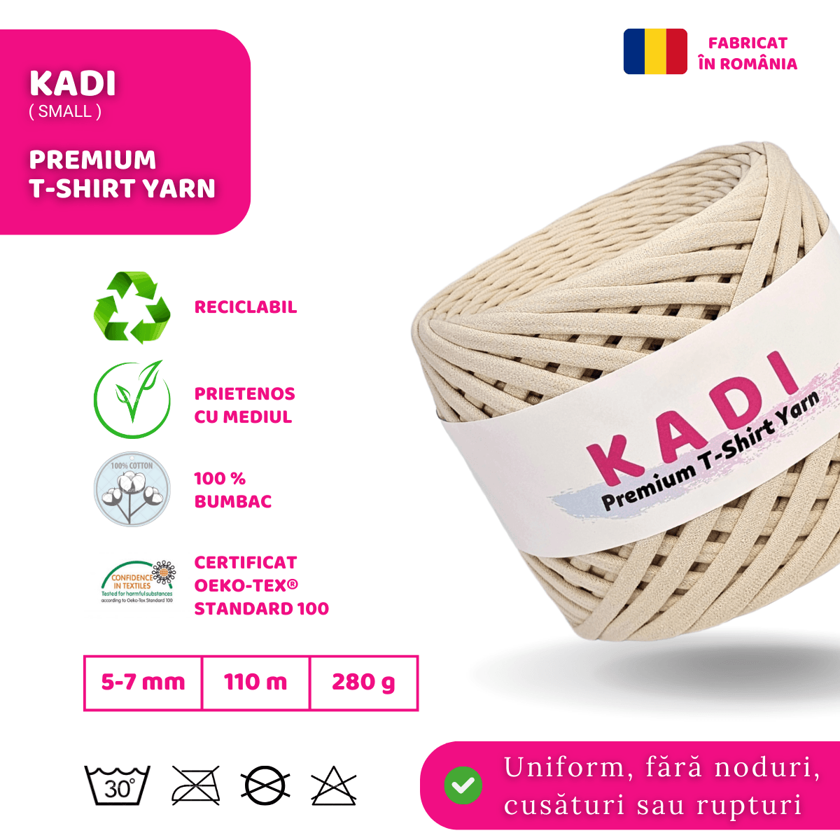 Fir panglica pentru crosetat tricotat si macrame, KaDi Small, 5-7 mm, 110 m, 100% bumbac, culoare Sahara - 2 | YEO