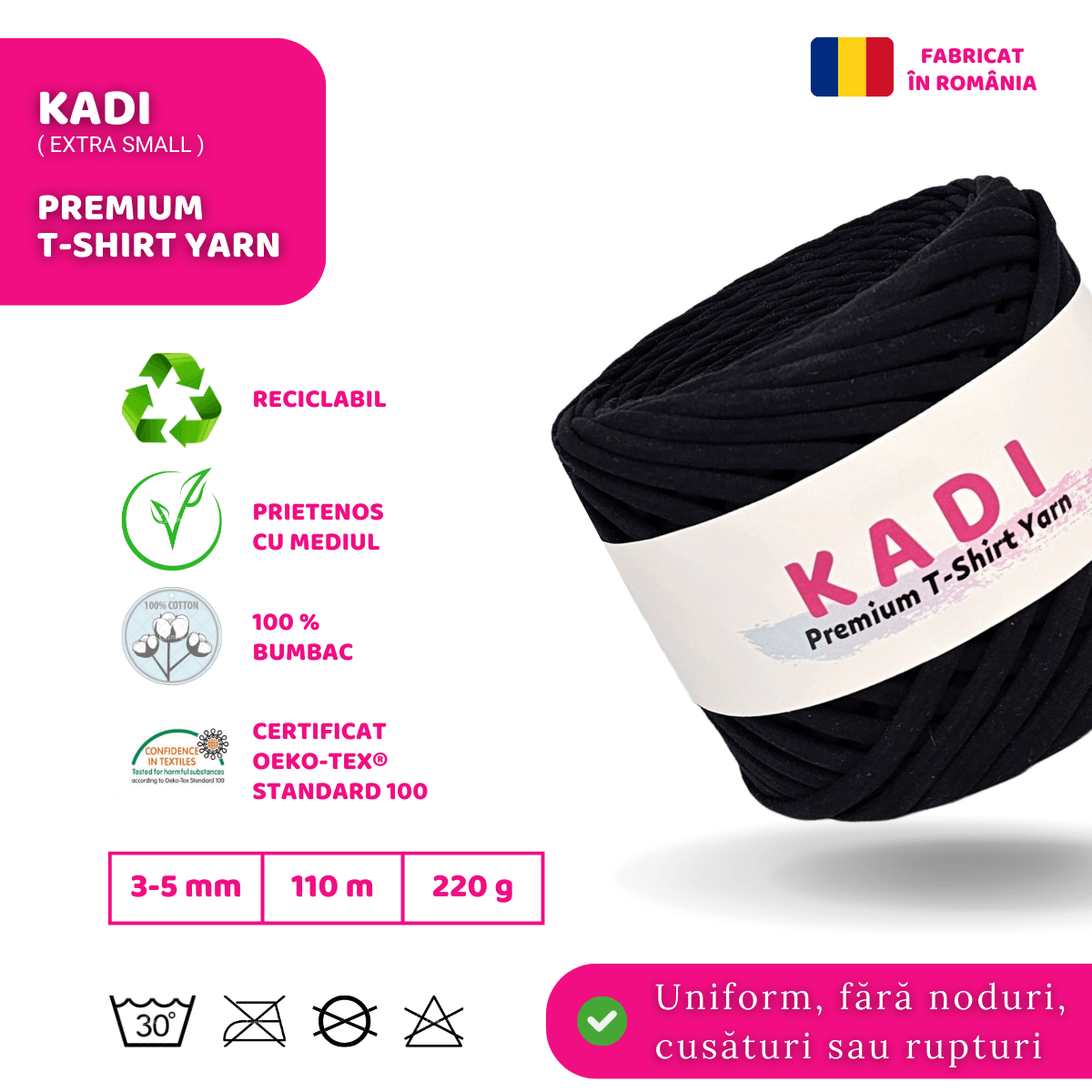 Fir panglica pentru crosetat tricotat si macrame, KaDi Extra Small, 3-5 mm, 110 m, 100% bumbac, culoare Negru