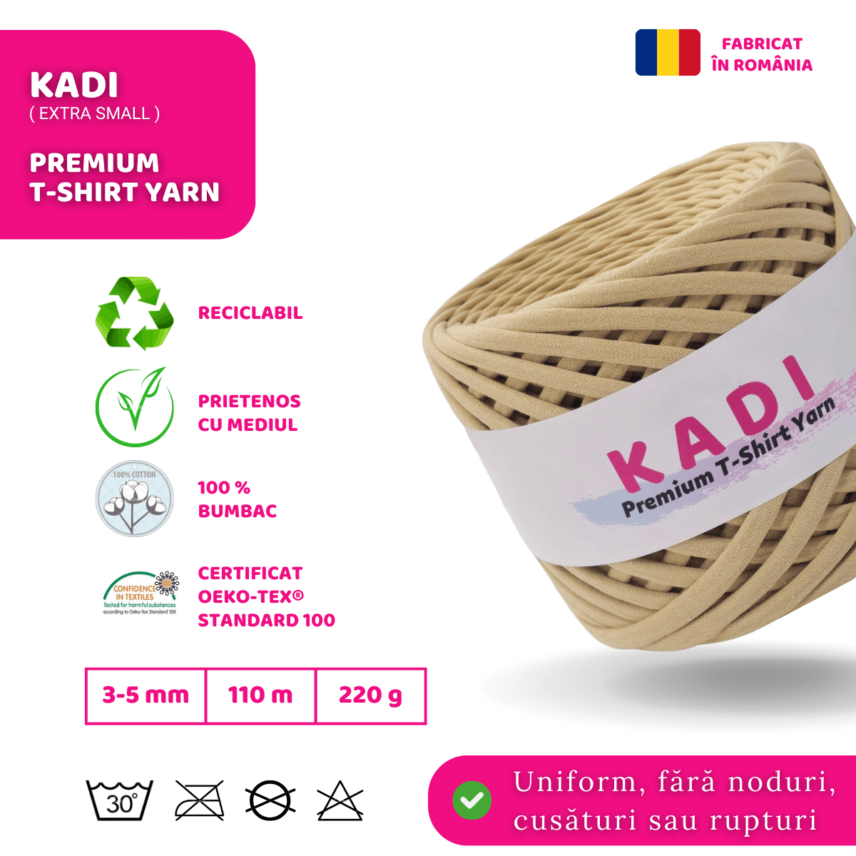 Fir panglica pentru crosetat tricotat si macrame, KaDi Extra Small, 3-5 mm, 110 m, 100% bumbac, culoare Bej - 2 | YEO