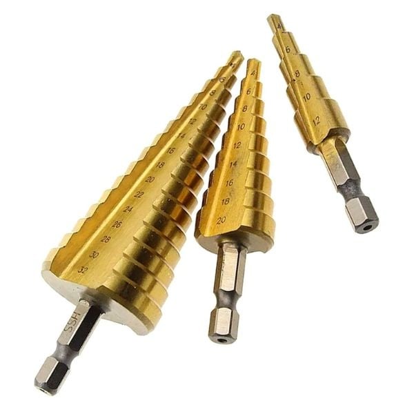 Set de 3 burghii din otel acoperite cu titan, Auriu