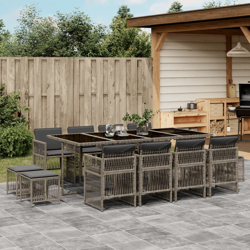 Set mobilier de gradina cu perne, 13 piese, gri, poliratan — imaginea 2