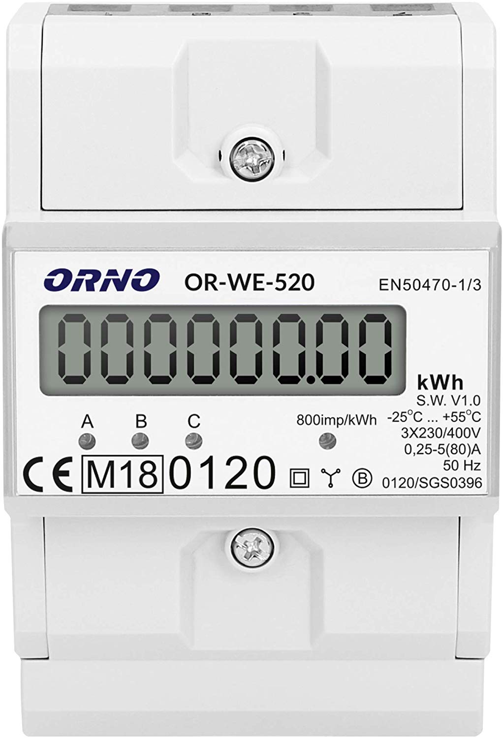Contor trifazic ORNO OR-WE-520, 80A, certificare MID, 3 faze, 230V, clasa de masurare B, IP51, gri