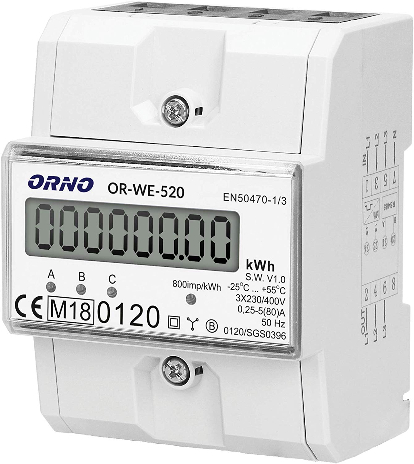 Contor trifazic ORNO OR-WE-520, 80A, certificare MID, 3 faze, 230V, clasa de masurare B, IP51, gri - 4 | YEO