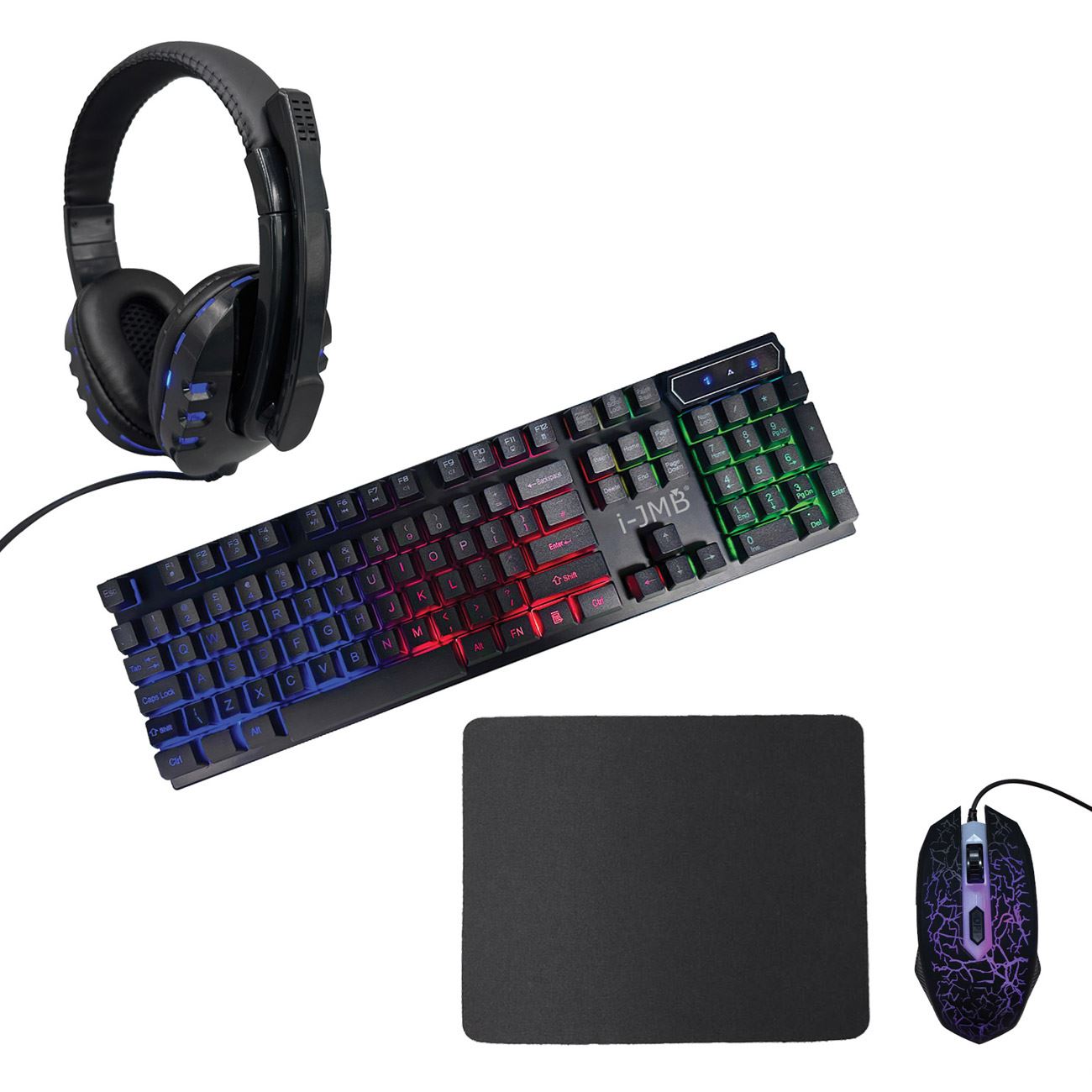Set gaming multicolor, i-jmb, tastatura led, mouse ergonomic dpi 2400, casti sunet hd 360º, mousepad 23.5 x 20x0.2cm