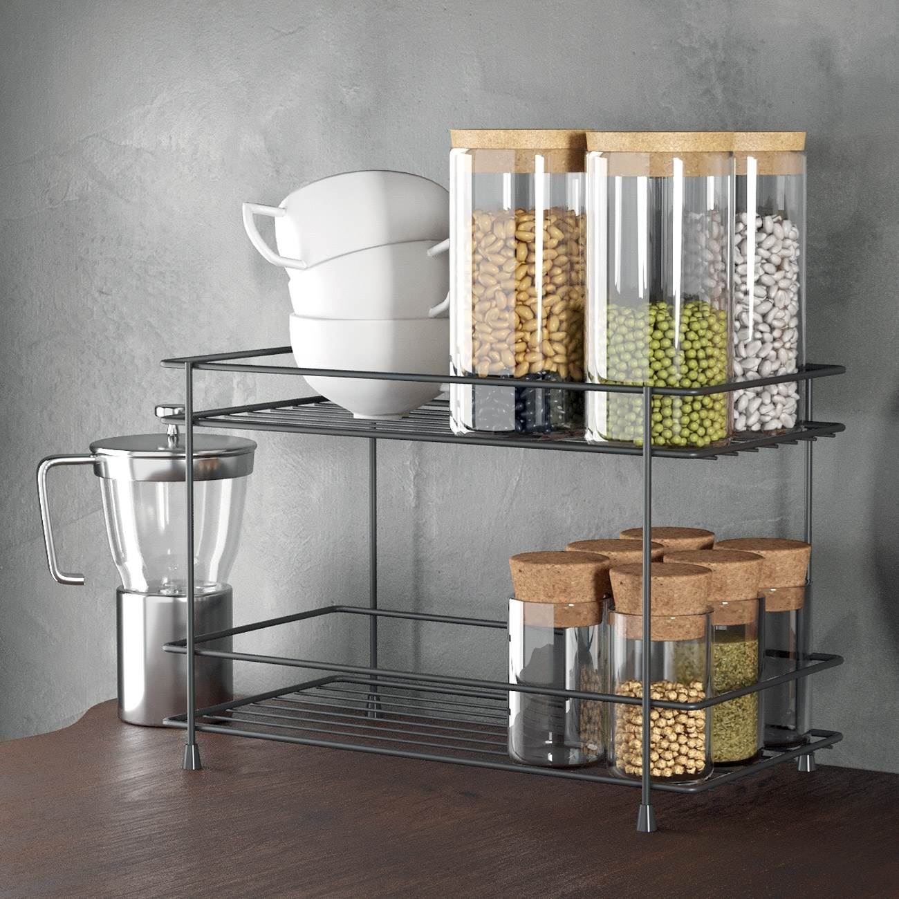Raft metalic organizator, 2 nivele, negru, 32.5 x 15.5 x 21.5cm, capacitate 3kg — imaginea 2