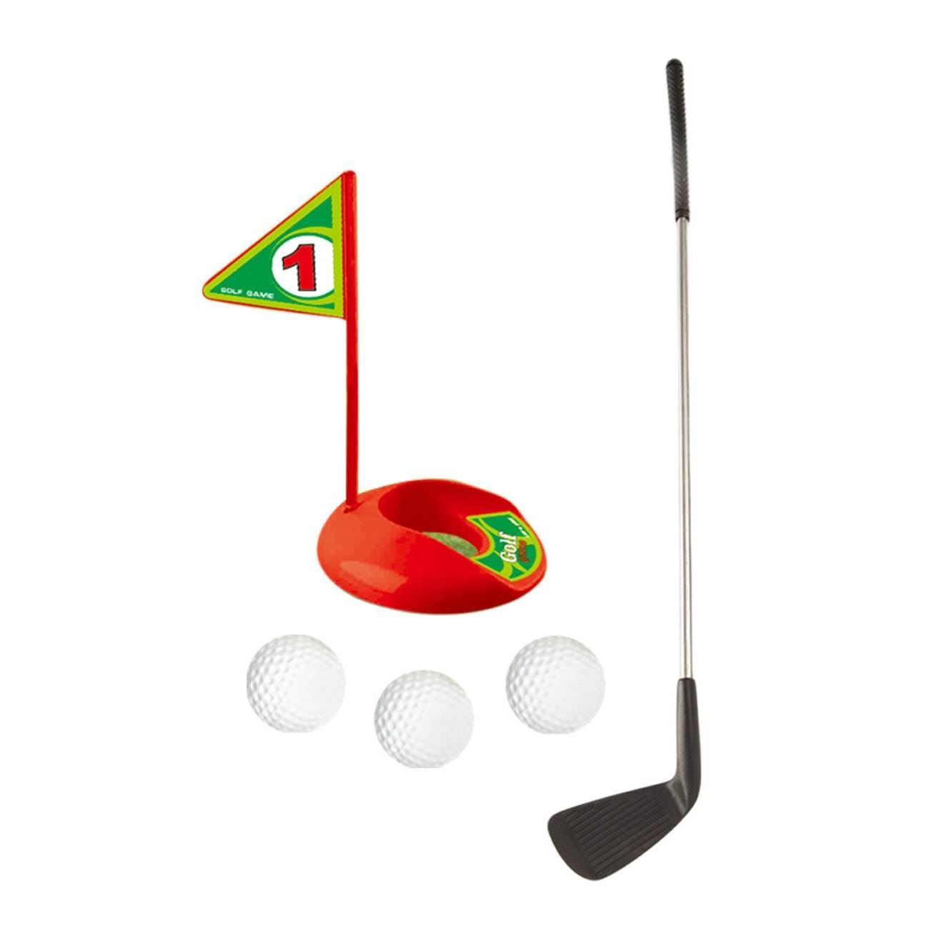 Set golf copii, crosa, 3 mingi, gaura, multicolor