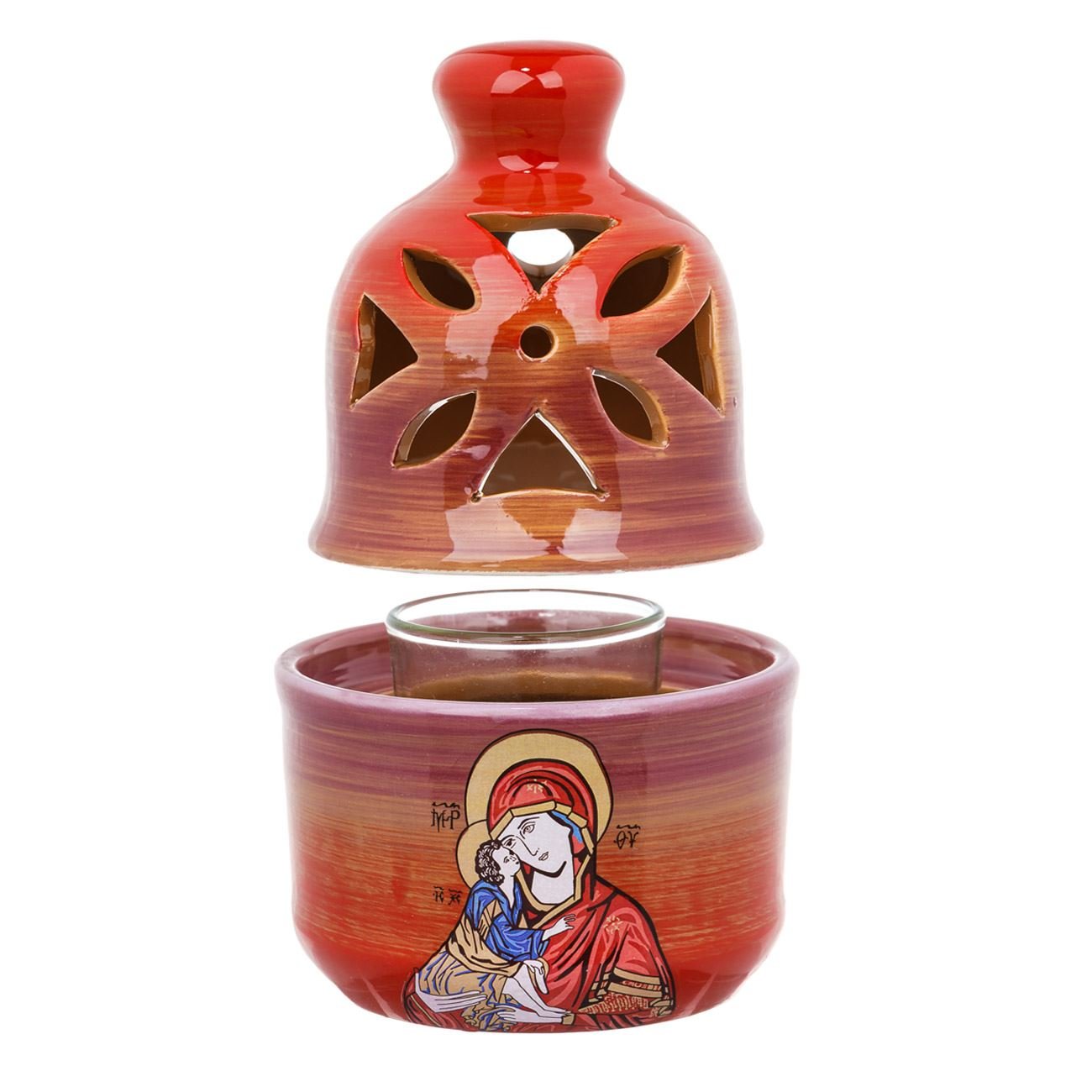 Candela ceramica, model sfanta maria cu bebeluş, pahar sticla, capac perforat, rosu, diametru 10x 15 cm