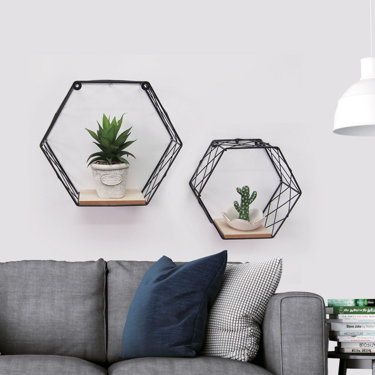 Set rafturi perete, model hexagon, metal negru si mdf, 2 bucati, dimensiuni variate — imaginea 2