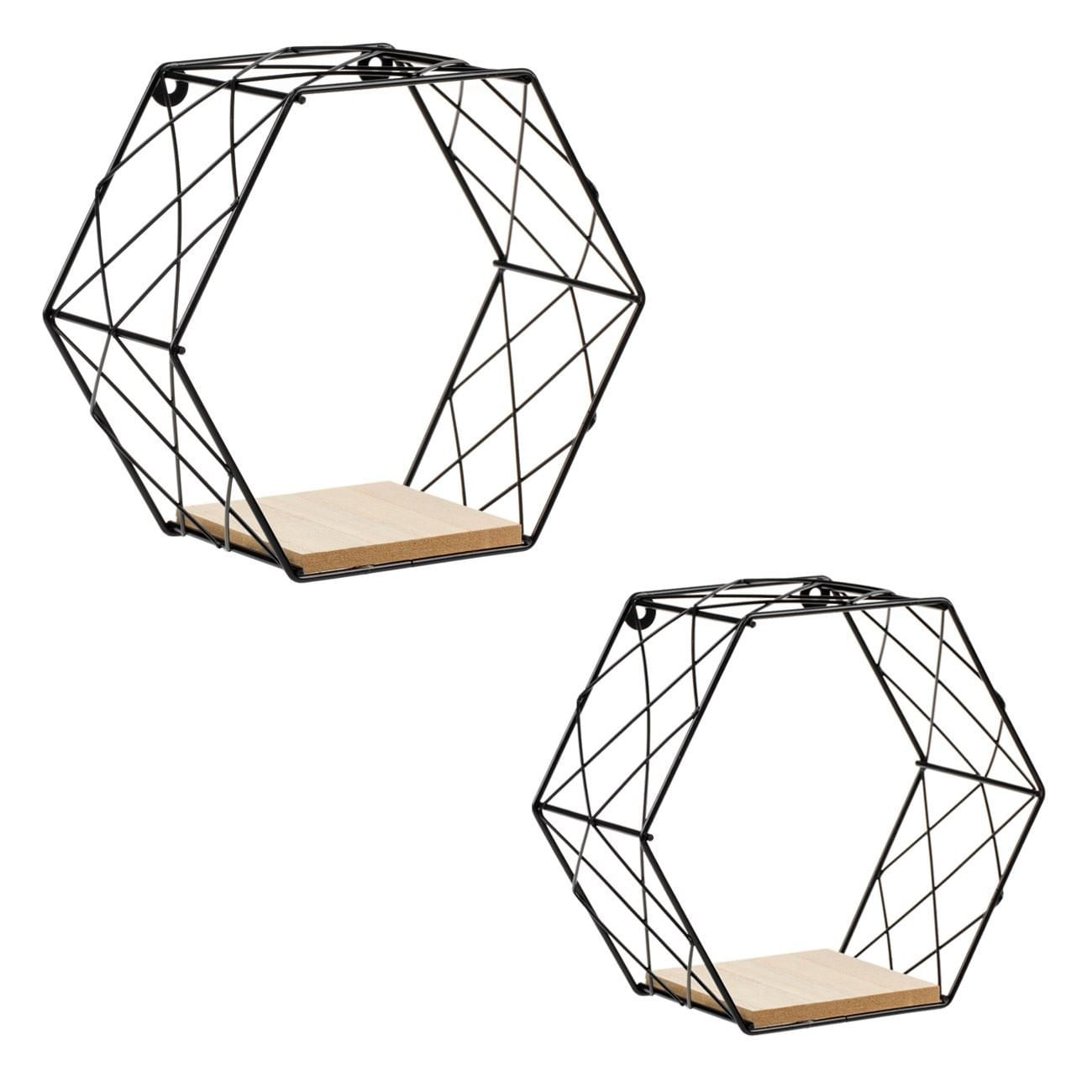 Set rafturi perete, model hexagon, metal negru si mdf, 2 bucati, dimensiuni variate — imaginea 3