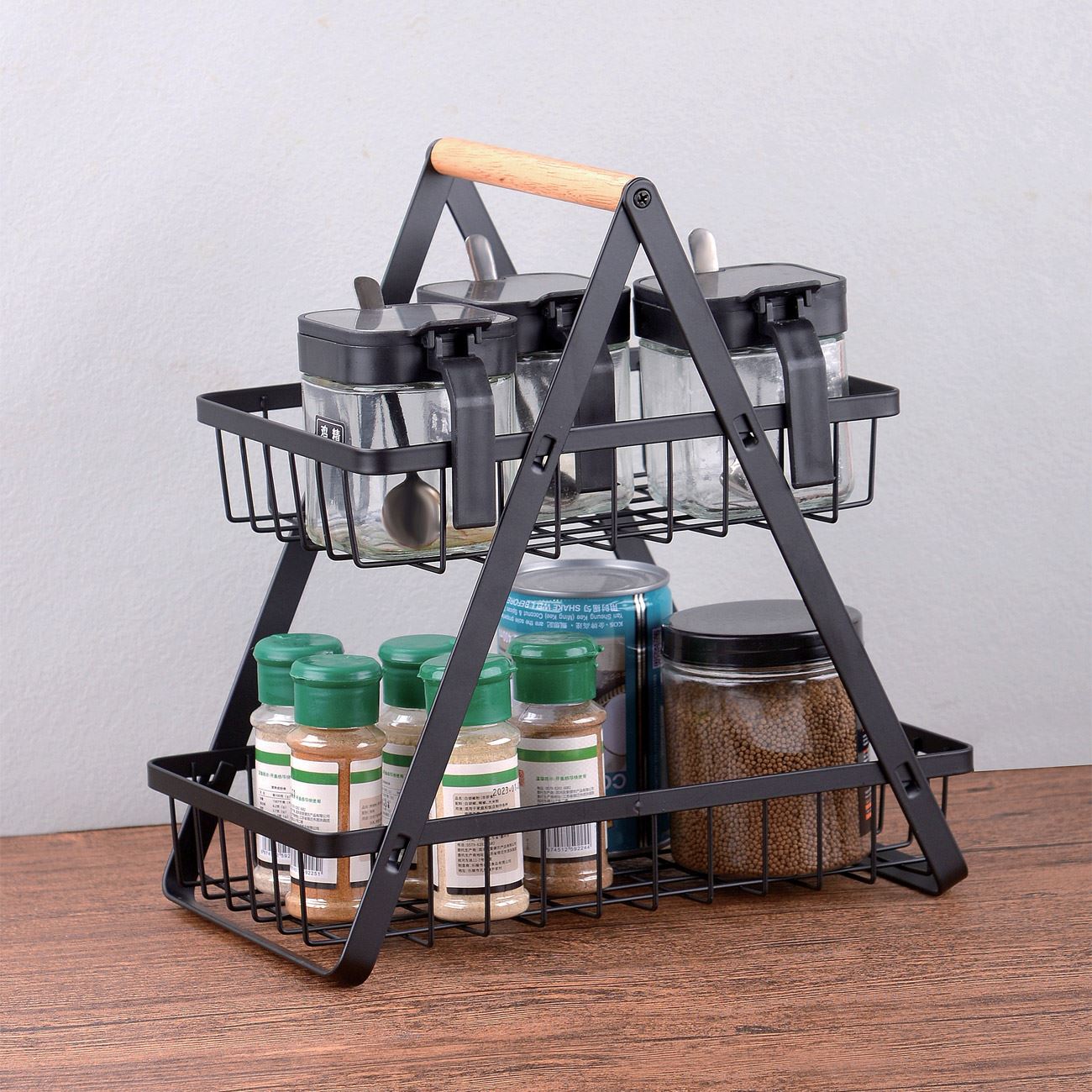 Raft metalic organizator, 2 nivele, maner lemn, negru, 30x 18 x 32cm — imaginea 4