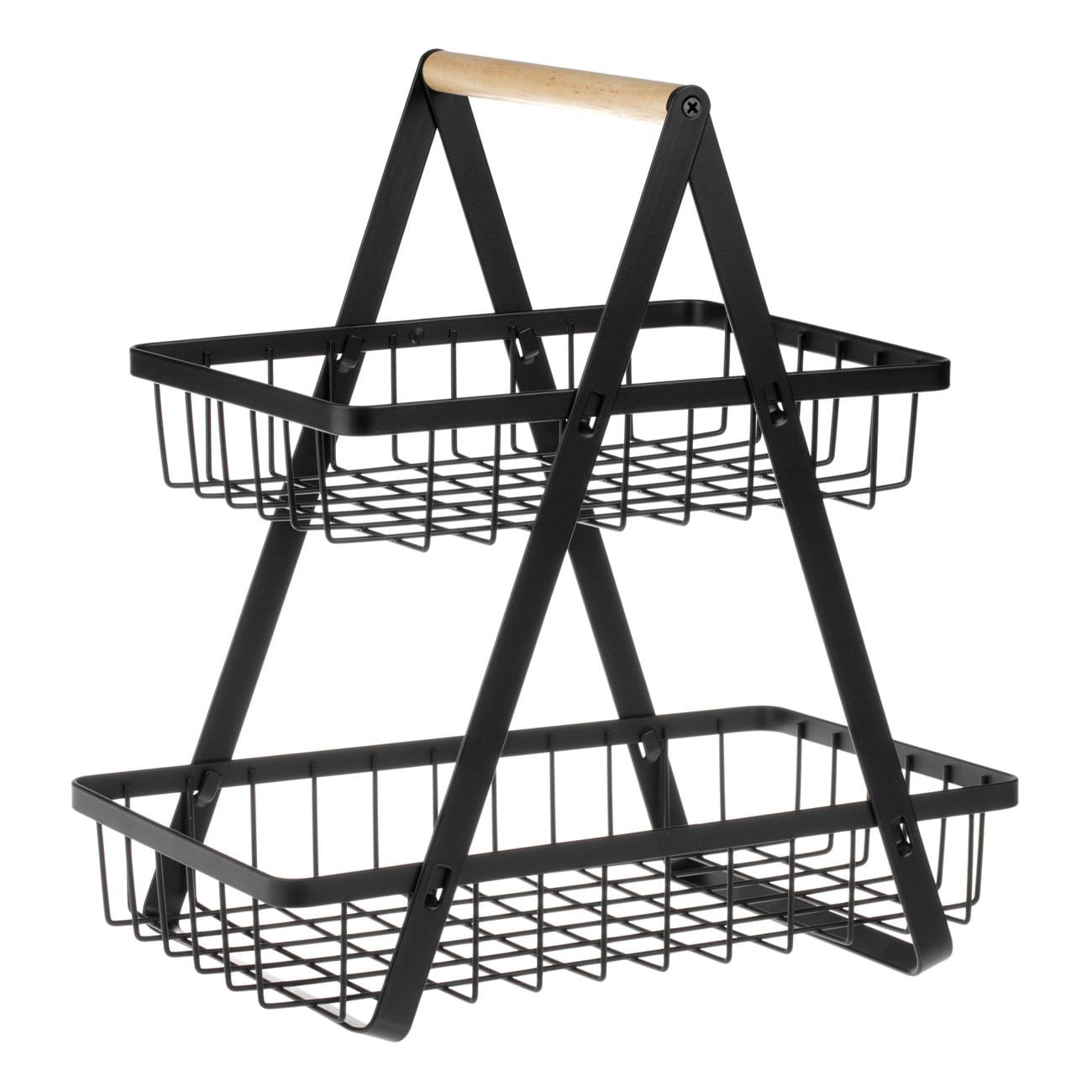 Raft metalic organizator, 2 nivele, maner lemn, negru, 30x 18 x 32cm — imaginea 5
