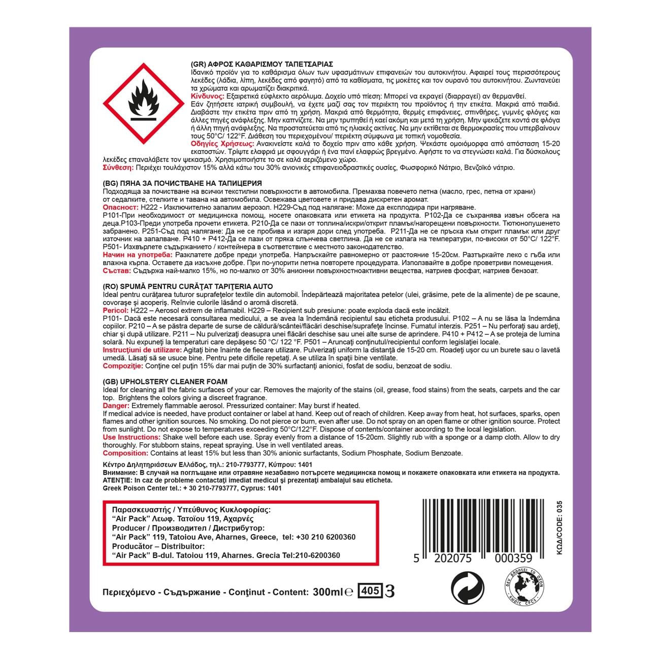 Spuma curatare tapiterie auto, dr.pro, capacitate 300ml, avertisment incendiu