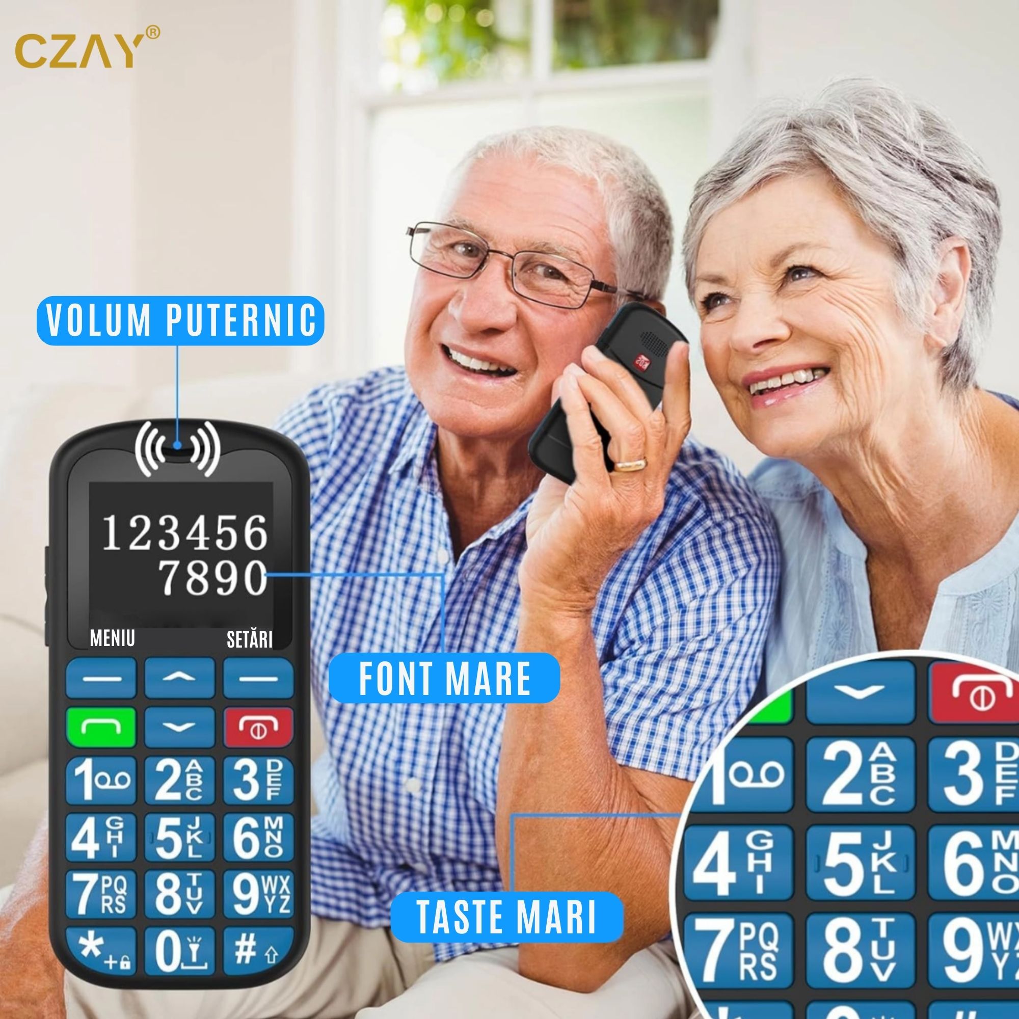 Telefon Mobil Seniori cu Taste Mari, CZAY®, 2G, Meniu in Limba Romana, Autonomie 7 Zile, Volum Mare, Buton SOS, Albastru - 3 | YEO