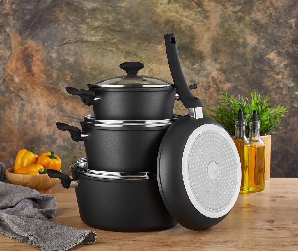 Set oale aluminiu 7 piese Zilan ZLN-3277, Strat interior neaderent, Manere ebonita, Capace sticla termorezistenta — imaginea 2
