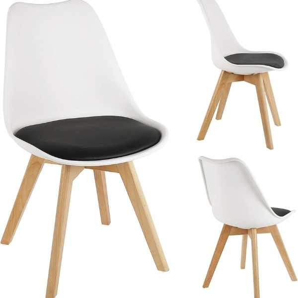 Set 2 Scaune cu Picioare din Lemn de Fag, Sezut din PP si Perna din Piele Ecologica, 49 x 43 x 82 cm, Alb cu Negru — imaginea 4