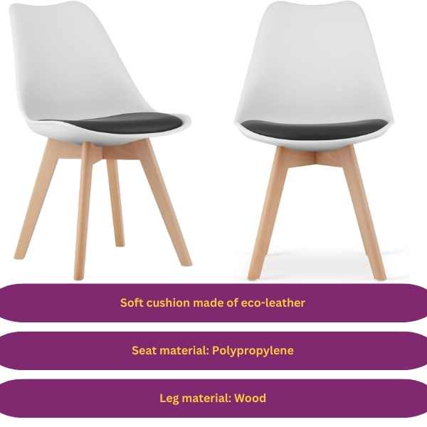 Set 2 Scaune cu Picioare din Lemn de Fag, Sezut din PP si Perna din Piele Ecologica, 49 x 43 x 82 cm, Alb cu Negru — imaginea 9