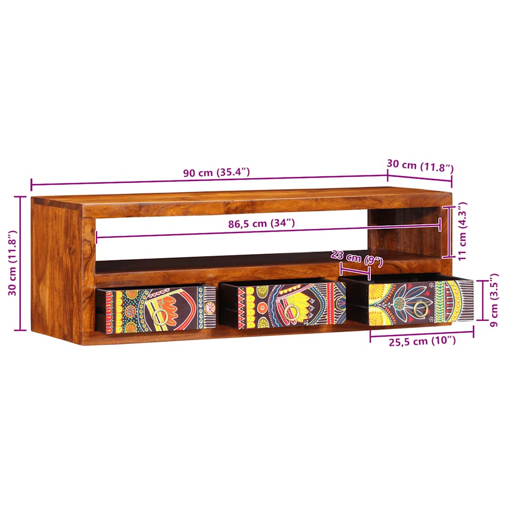 Dulap TV de perete multicolor 90x30x30 din lemn masiv de salcam — imaginea 13