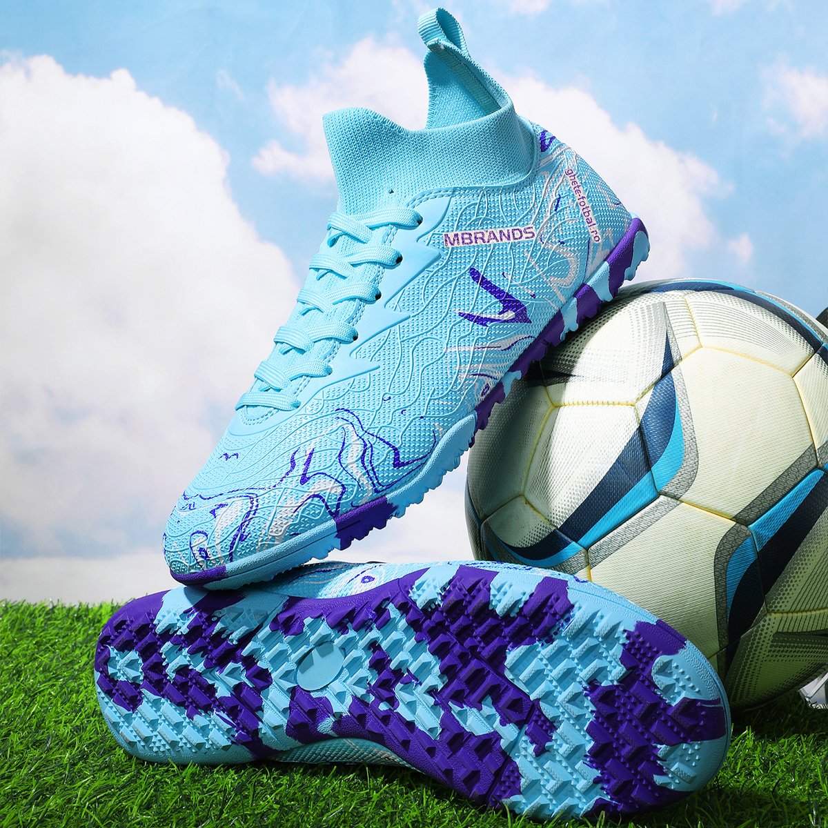 Ghete de fotbal MBrands, 8.3 cu glezna pentru teren sintetic, culoare turcoaz - 3 | YEO
