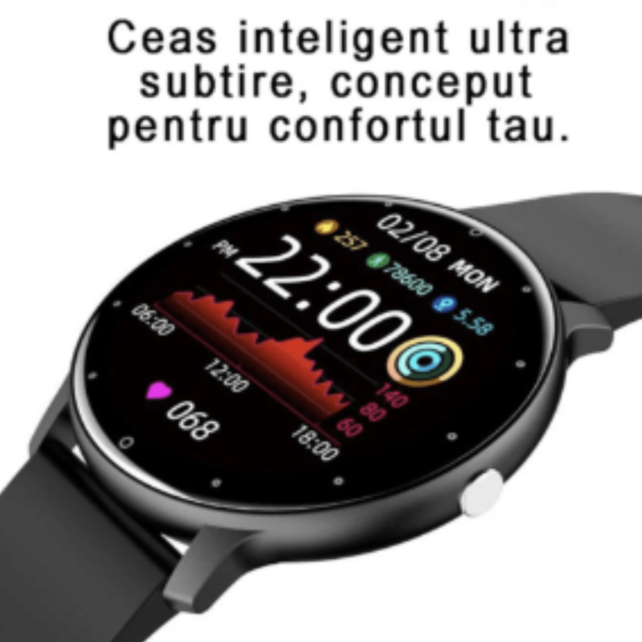 Ceas smartwatch RoHS®,UltraSLIM,Notificari Apeluri/Sms/Social Media, GMonitorizare activitati fizice, somn, ritm cardiac - 4 | YEO