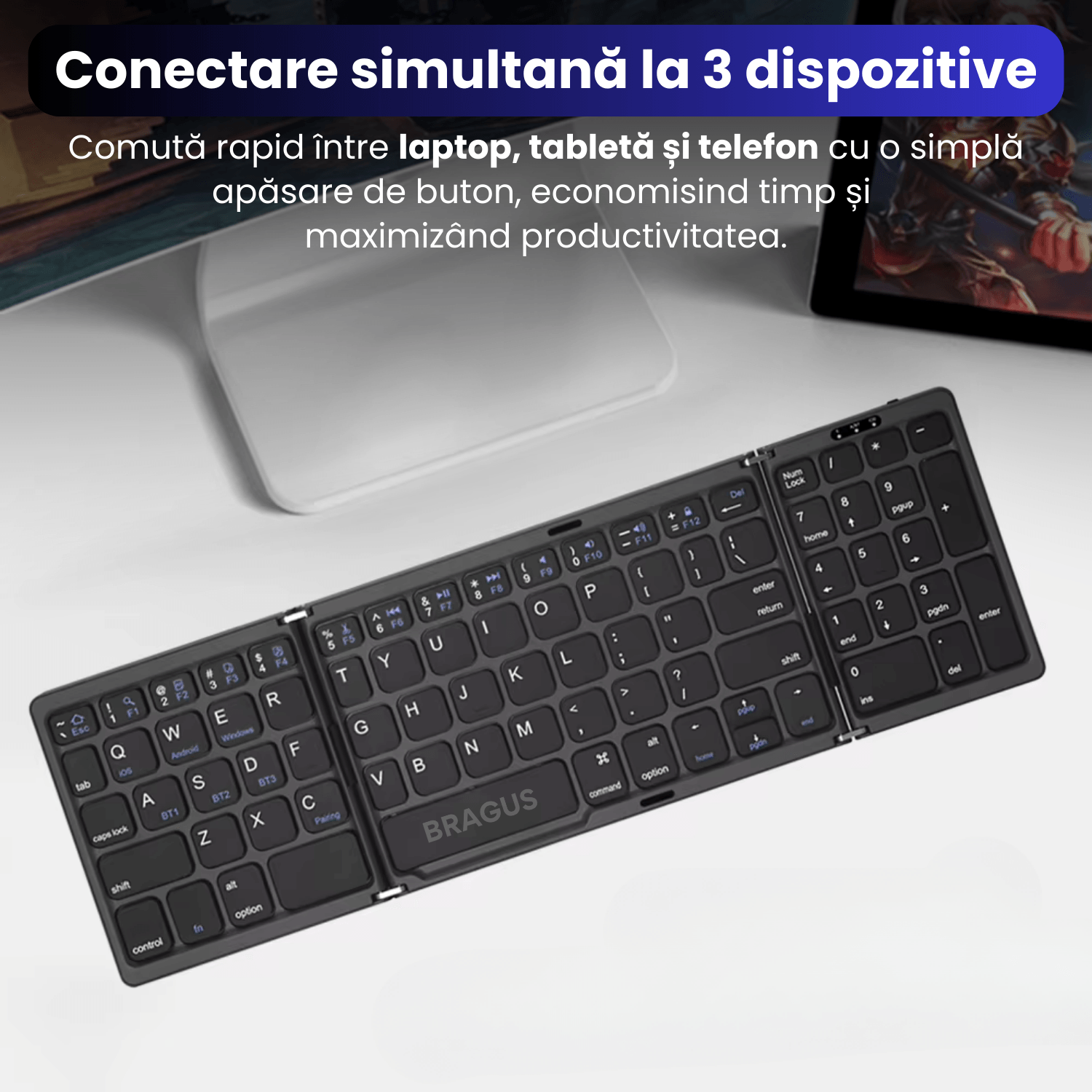 Tastatura pliabila ultra-subtire, Bragus, compatibila cu Android, iOS, Smart TV, bloc numeric incorporat, negru