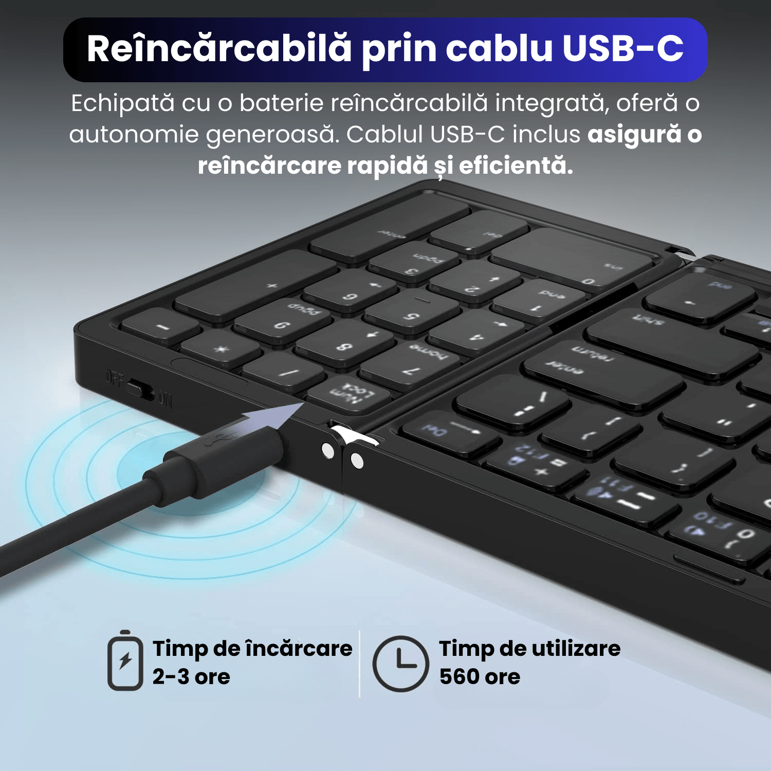 Tastatura pliabila ultra-subtire, Bragus, compatibila cu Android, iOS, Smart TV, bloc numeric incorporat, negru - 1 | YEO