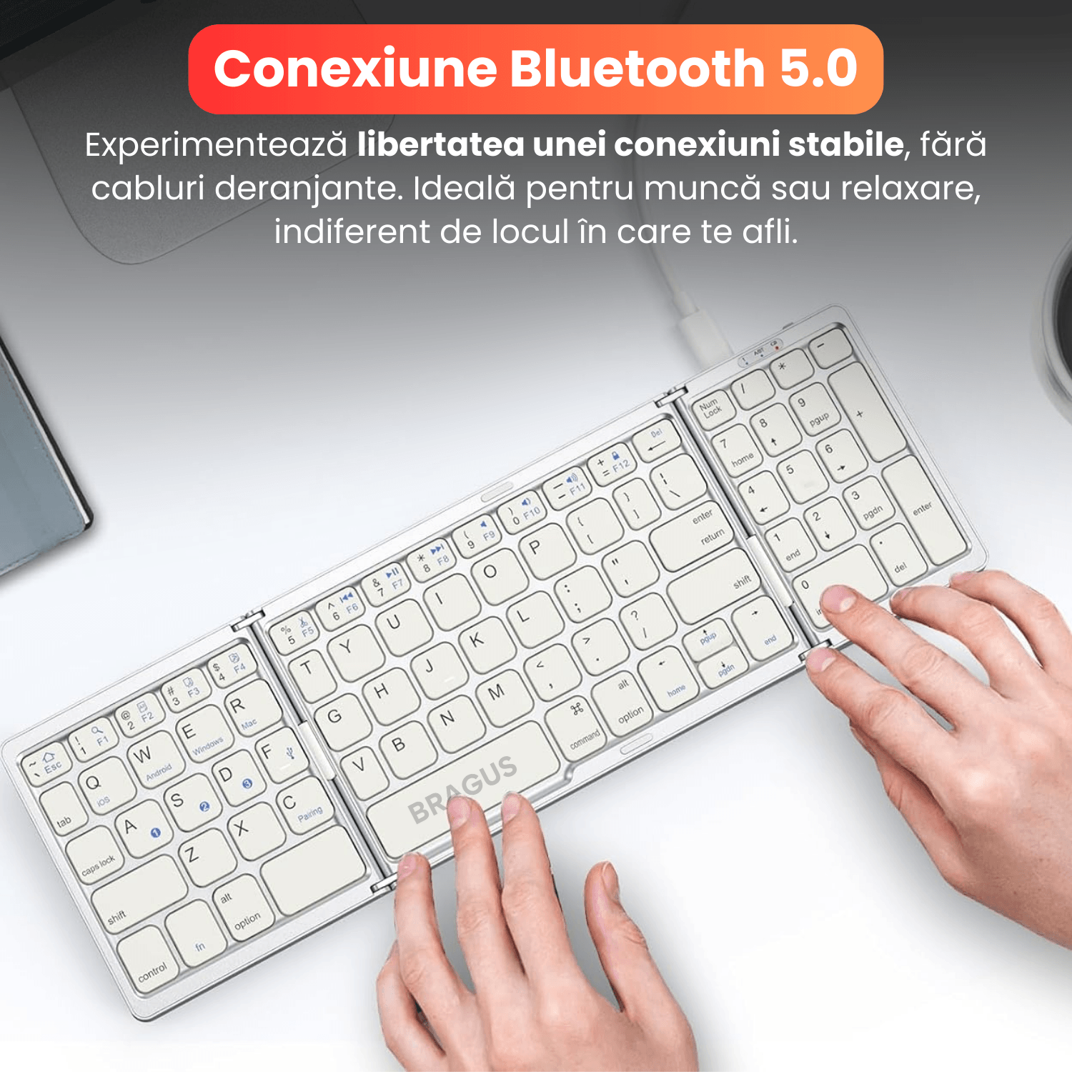 Tastatura pliabila ultra-subtire, Bragus, compatibila cu Android, iOS, Smart TV, bloc numeric incorporat, negru - 3 | YEO